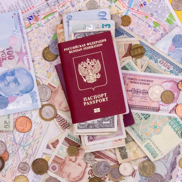Passport with paper money and coins. Flatlay of vacation on a yellow background. — Stock Photo, Image