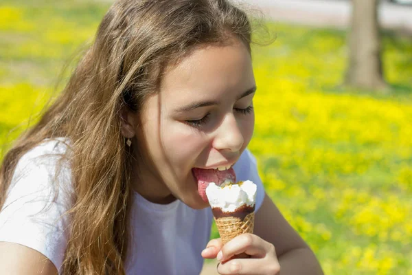 Hermosa chica adolescente comiendo helado en un cono de gofre en verano. Enfoque selectivo — Foto de Stock