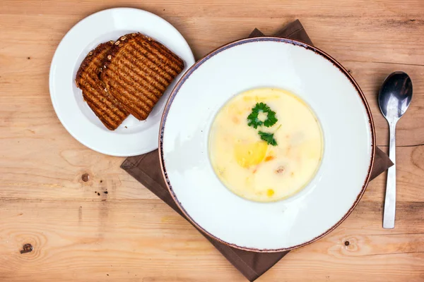 Kaas soep in een witte plaat met geroosterd brood — Stockfoto