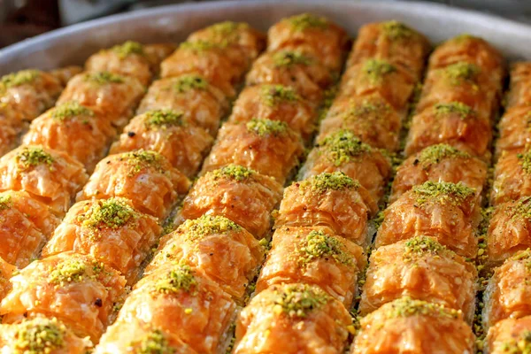 Traditional Turkish baklava sweets in the open buffet in a hotel in Turkey