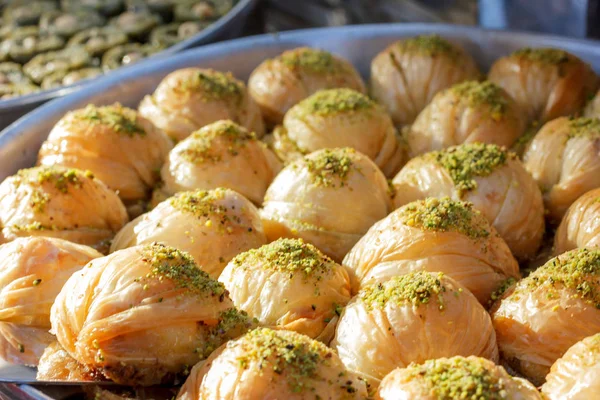 Traditional Turkish baklava sweets in the open buffet in a hotel in Turkey