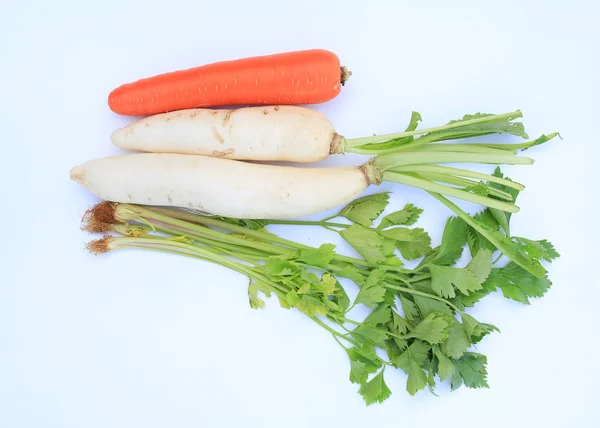 Fresh Carrot Radish Celery White Background — Stock Photo, Image