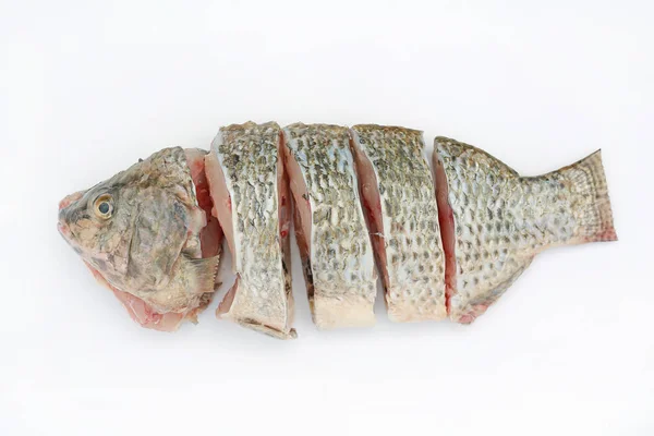 Skivad Nile Tilapia Fisk Vit Bakgrund — Stockfoto