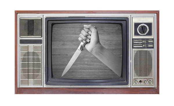 Retro Television White Background Image Hand Holding Knife Screen — Stock Photo, Image