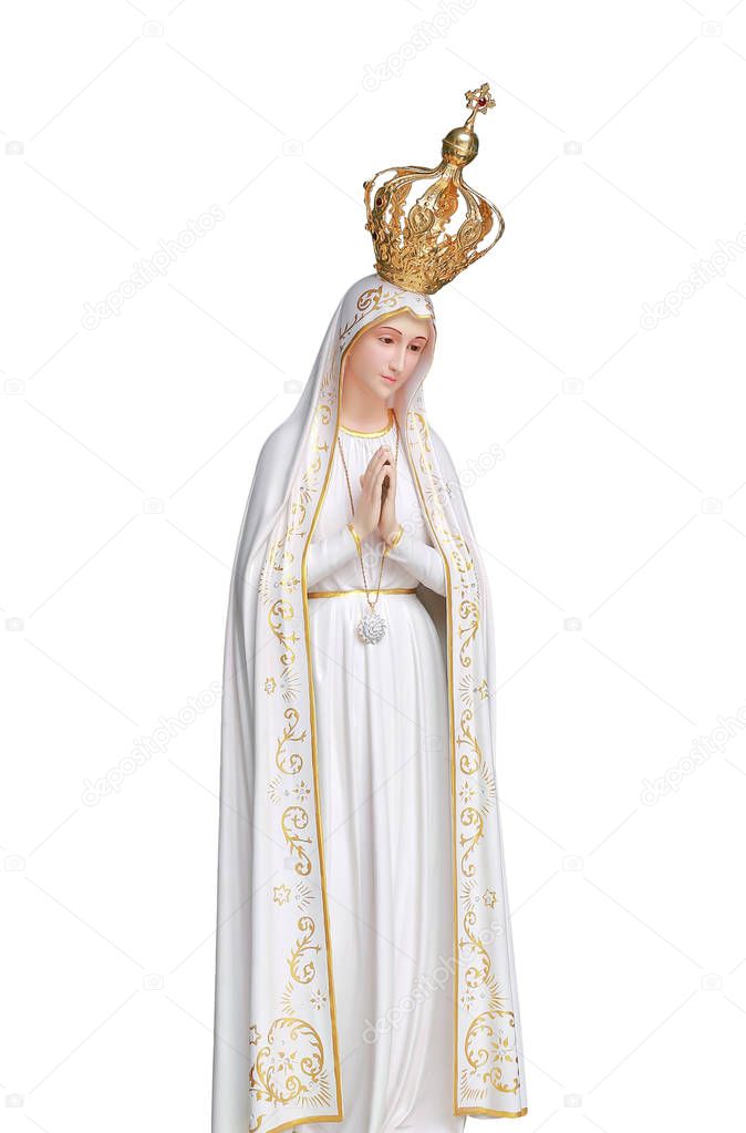 Statue of Virgin Mary in Roman Catholic Church isolated on white background.