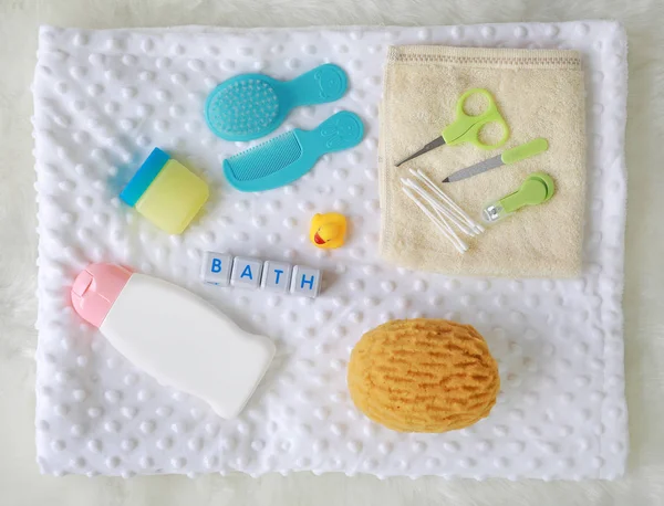 Artículos Baño Para Niños Artículos Higiene Piel Blanca Vista Superior —  Fotos de Stock