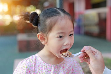 Anne çocuğu için kaşık maması beslenme.