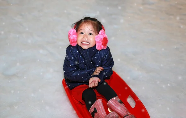 Happy Asian Child Girl Playing Red Plastic Tray Snow Winter — Stock Photo, Image