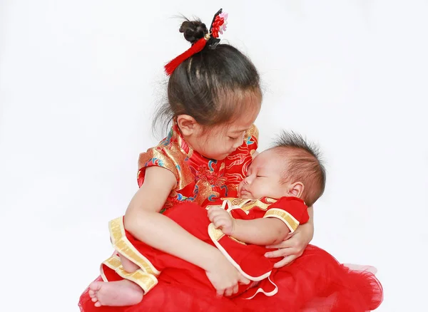 Adorável Pouco Asiático Menina Infantil Menino Cheongsam Isolado Fundo Branco — Fotografia de Stock