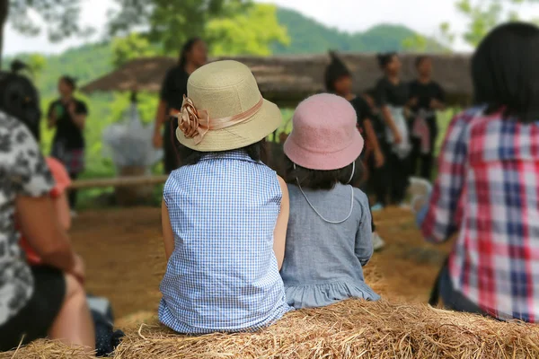 Visão Traseira Duas Crianças Usando Chapéu Assistindo Show Cultura Parque — Fotografia de Stock