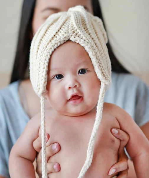 Happy Cute Baby Boy Wear Some Knit Clothes Mother Holding — стоковое фото