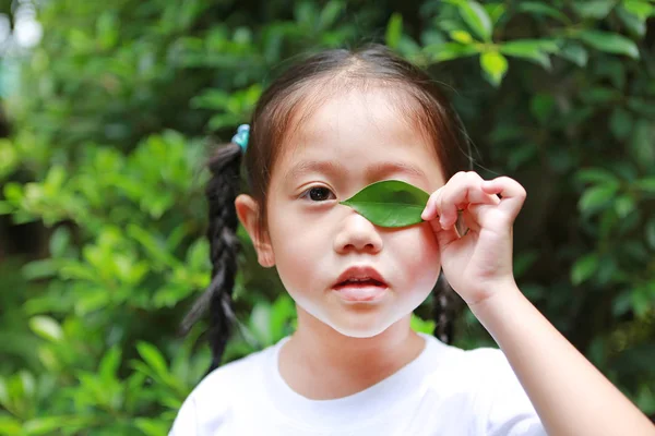 Menina Bonito Criança Segurando Uma Folha Verde Fechando Olho Esquerdo — Fotografia de Stock