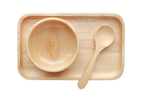 Set Wooden Tray Bowl Spoon Isolated White Background Top View — Stock Photo, Image