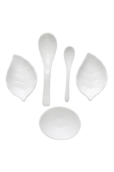 Set Ciotola Ceramica Bianca Cucchiaio Isolato Sfondo Bianco — Foto Stock