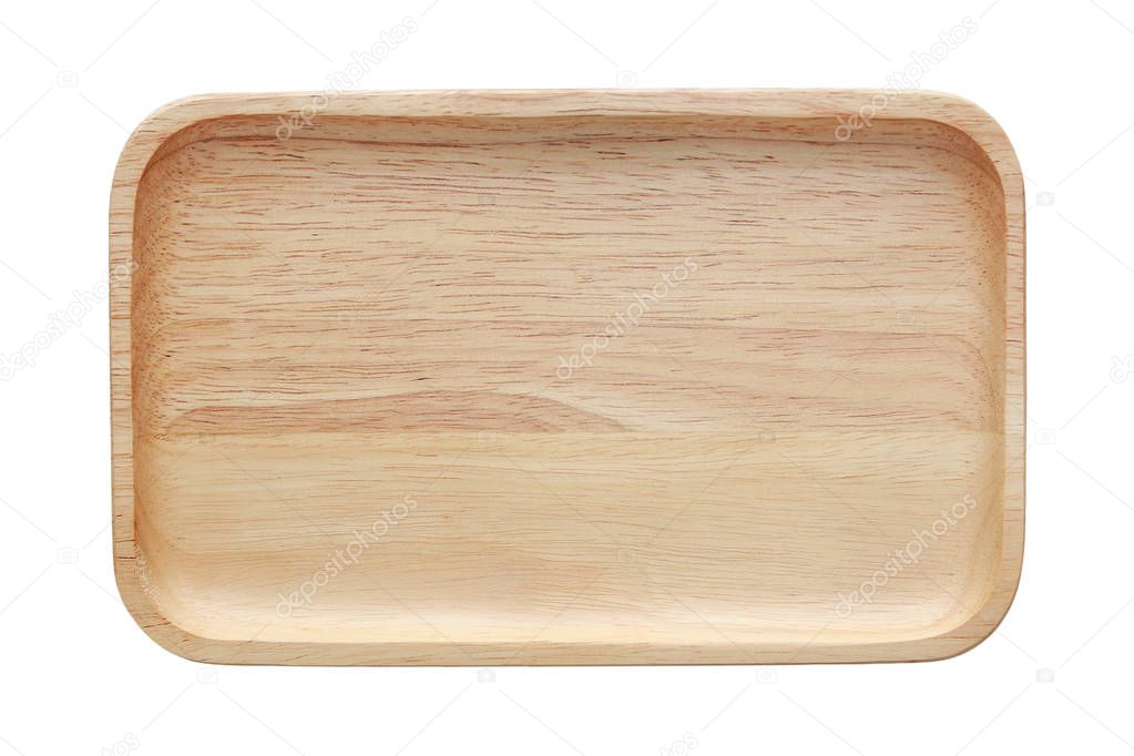 Square wooden tray isolated on white background. Top view.