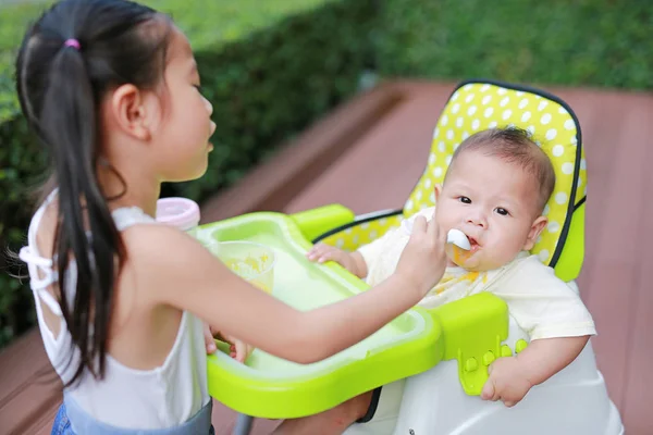 Zuster Voeding Voedsel Voor Haar Broertje Met Liefde Plastic Stoel — Stockfoto