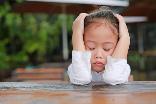 Little Asian Child Girl Expressed Disappointment Displeasure Wood Table — Stock Photo, Image