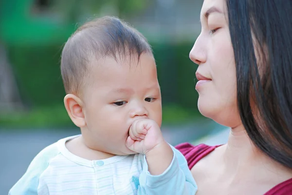 Portrait Infant Baby Boy Sucking Hand Asian Mother Carrying — Stock Photo, Image