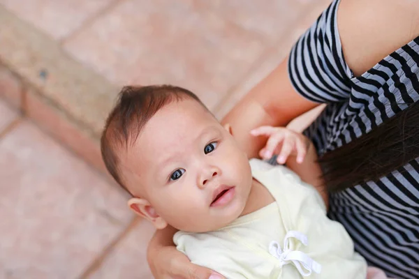 Close Asian Baby Boy Lying Hug Mother Looking Camera — Stok Foto