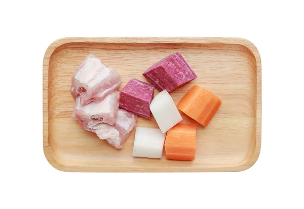 Ingredients Boiling Soup Chopped Carrot Radish Pork Bone Purple Potato — Stock Photo, Image