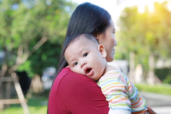 Portrait Asian Baby Boy Lying Hug Mother Looking Camera — Stok Foto