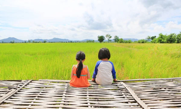 Visão Traseira Crianças Asiáticas Relaxadas Sentadas Ninhada Bambu Nos Campos — Fotografia de Stock