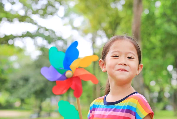 Close Cute Little Asian Child Girl Wind Turbine Garden — Stock Photo, Image