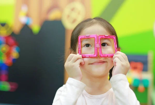 Little Child Girl Playing Magnets Toy Brain Development — Stock Photo, Image