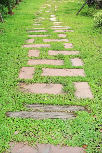 Jalan Batu Taman Dengan Rumput Hijau Sekitar — Stok Foto