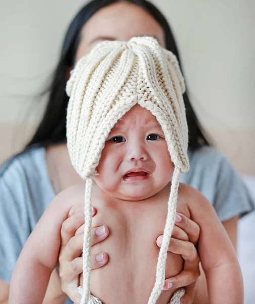 Angry Infant Baby Boy Wear Some Knit Clothes Bedroom Holding — Stock Photo, Image