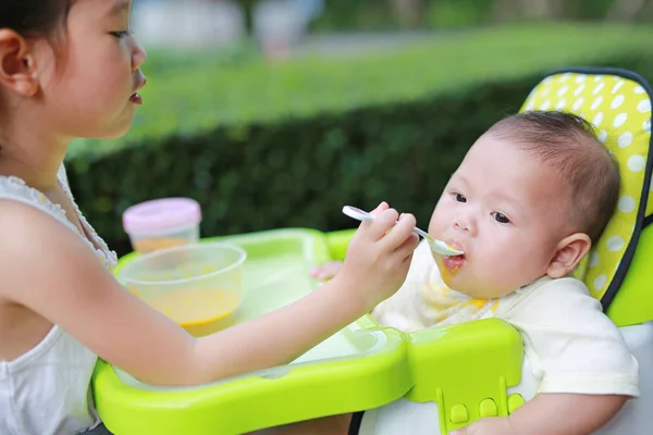 Zuster Voeding Voedsel Voor Haar Broertje Met Liefde Plastic Stoel — Stockfoto