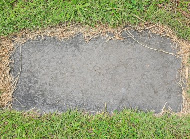 Taş yeşil çim kaplı arka plan doku. Kopya alanı merkezi ile Beton kalıbı.