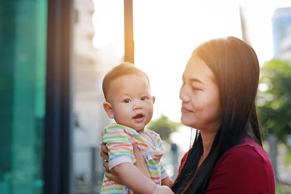 Portrait Asian Baby Boy Lying Hug Mother Looking Camera — Stok Foto