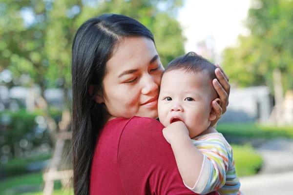 Portrait Asian Baby Boy Lying Hug Mother Looking Camera — Stok Foto