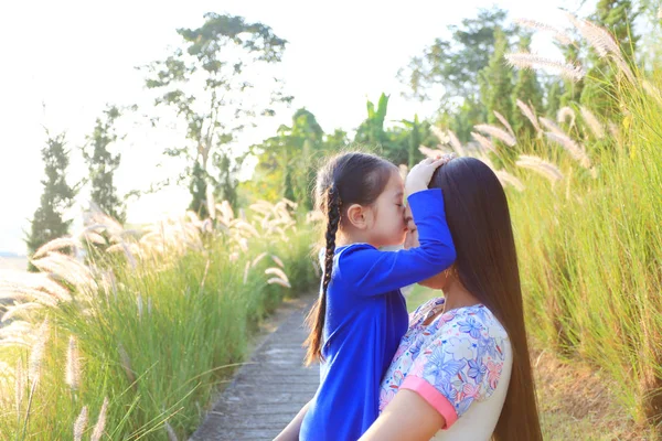 Portrét Asijských Dcery Pěkné Cítit Její Matka Poli Louka Ranní — Stock fotografie