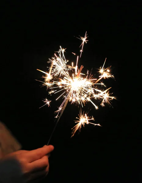 Close Child Hand Holding Fire Sparklers Dark Festival — Stock Photo, Image