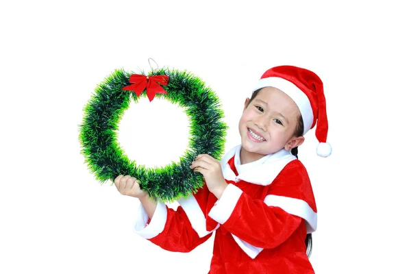 Happy Little Child Girl Santa Costume Holding Christmas Wreath Her — Stock Photo, Image