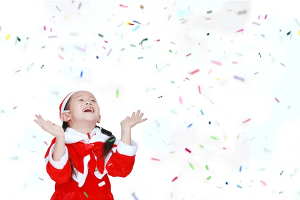Щаслива Дитина Дівчина Костюмі Санта Сукня Барвистими Конфетті Стрічки Папір — стокове фото