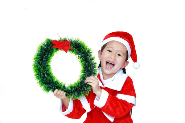 Happy Little Child Girl Santa Costume Holding Christmas Wreath Her — Stock Photo, Image