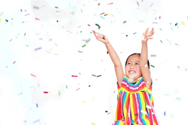 Menina Pequena Feliz Com Confete Colorido Fundo Branco Feliz Ano — Fotografia de Stock