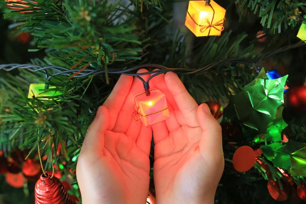 Kid Hands Holding Magic Gift Christmas Decorative Merry Christmas Happy — Stock Photo, Image