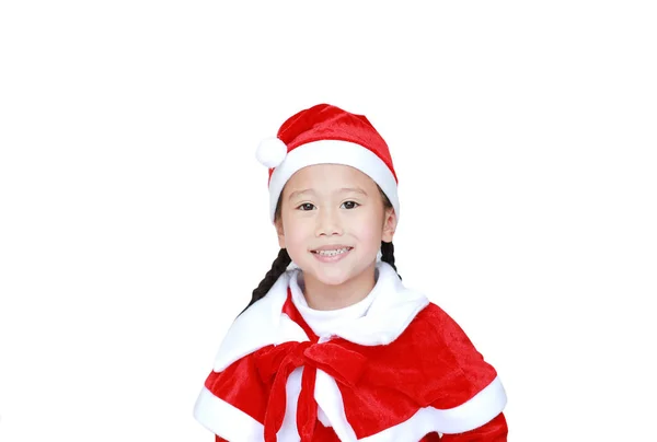 Niña Feliz Vestido Santa Claus Con Espacio Copia Sobre Fondo —  Fotos de Stock