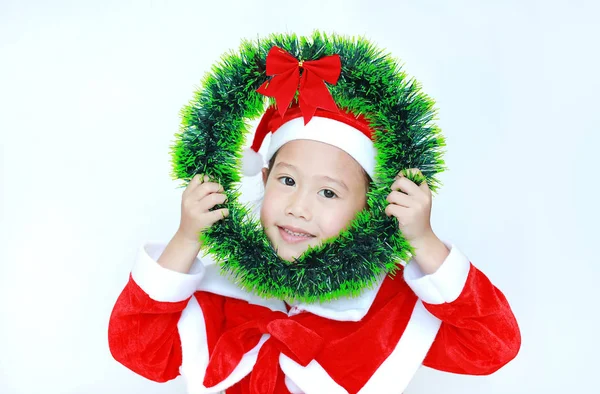 Happy Little Child Girl Santa Costume Holding Christmas Wreath Her — Stock Photo, Image