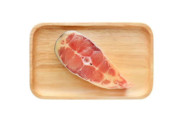 Sliced Fresh Iridescent Shark Striped Catfish Wooden Plate Isolated White — Stock Photo, Image