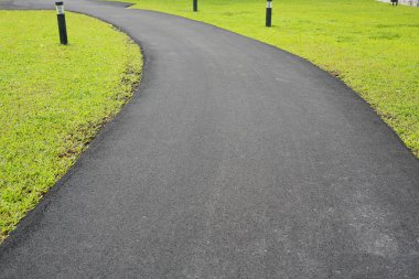 Yeşil çim bahçesinde bir düz yol geçit olan yeni asfalt.