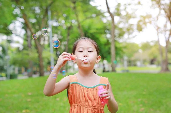 Азиатская Маленькая Девочка Надувает Мыльные Пузыри Зеленом Парке — стоковое фото