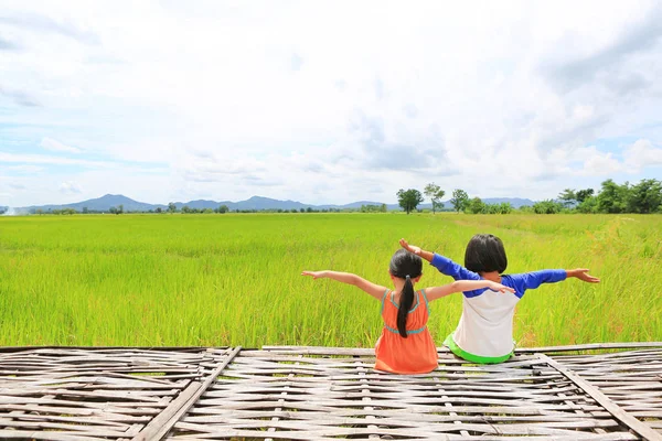 Pohled Zezadu Malých Asijských Dětí Protáhnout Paže Uvolněně Sedí Bambusové — Stock fotografie