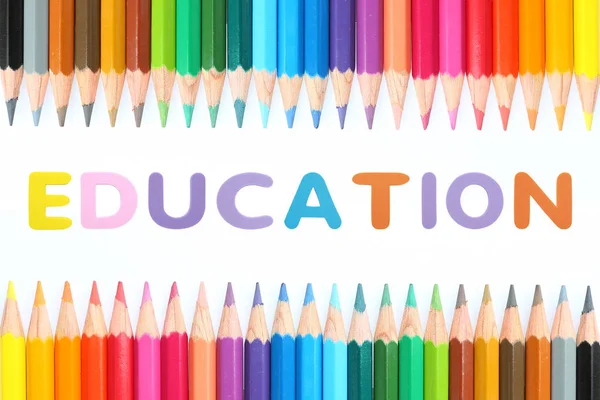 Lápices Colores Con Abecedario Esponja Goma Texto Educación Sobre Fondo — Foto de Stock