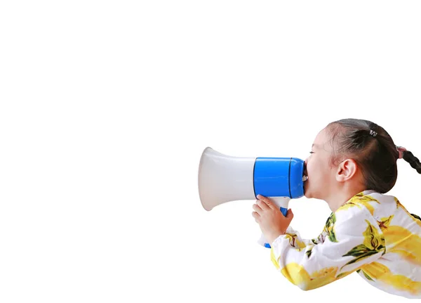 Menina Asiática Anunciar Por Megafone Isolado Fundo Branco Com Espaço — Fotografia de Stock