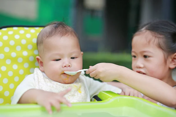 Aziatische Zus Close Voeding Voedsel Voor Haar Broertje Plastic Stoel — Stockfoto